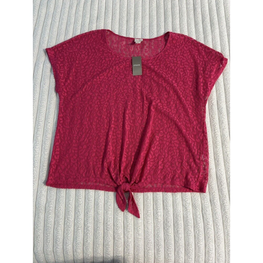 NWT Chicos see through Leopard Lace Tie Front Tee Shirt Womens 2XL Hot pink fall